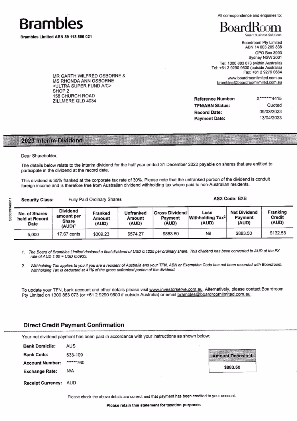 Santos interim dividend — Osborne / Ultra Super Fund
