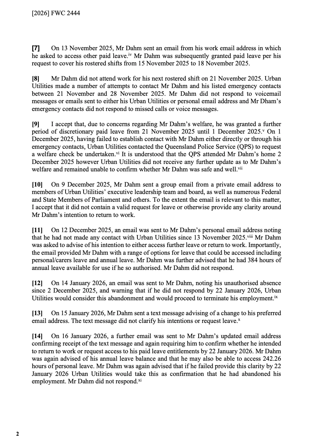 Fair Work Commission decision [2026] FWC 2444 page 2. Paragraphs [7]–[14].