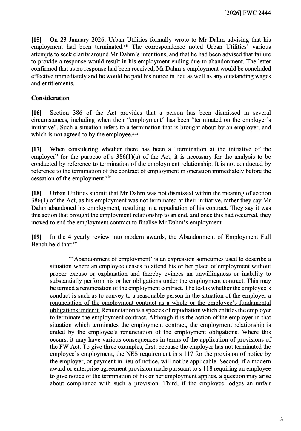 Fair Work Commission decision [2026] FWC 2444 page 3. Paragraph [15] and Consideration [16]–[19].