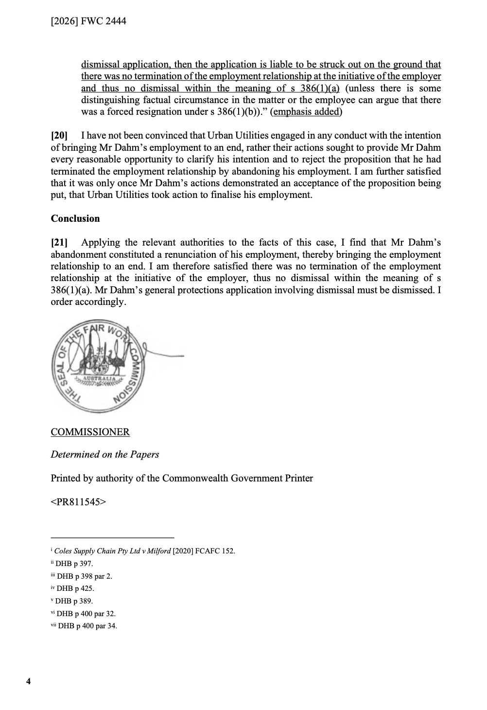 Fair Work Commission decision [2026] FWC 2444 page 4. Conclusion [20]–[21].