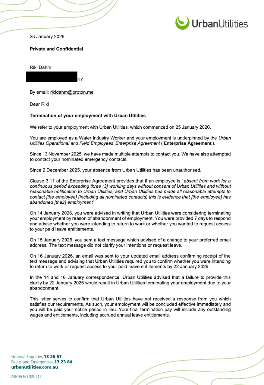 Urban Utilities letter 23 January 2026. Termination of your employment with Urban Utilities. Confirms employment concluded effective immediately with notice paid in lieu.